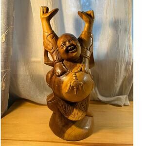 Hand Carved Wood Happy Buddha Statue Laughing Buddha 12” Zen Decor